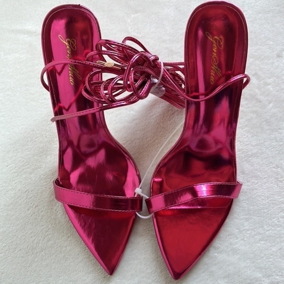Lace-up Strappy Stilettos: Metallic Pointy High-Heeled Sandals for Women 9.5‎ - Picture 2 of 5